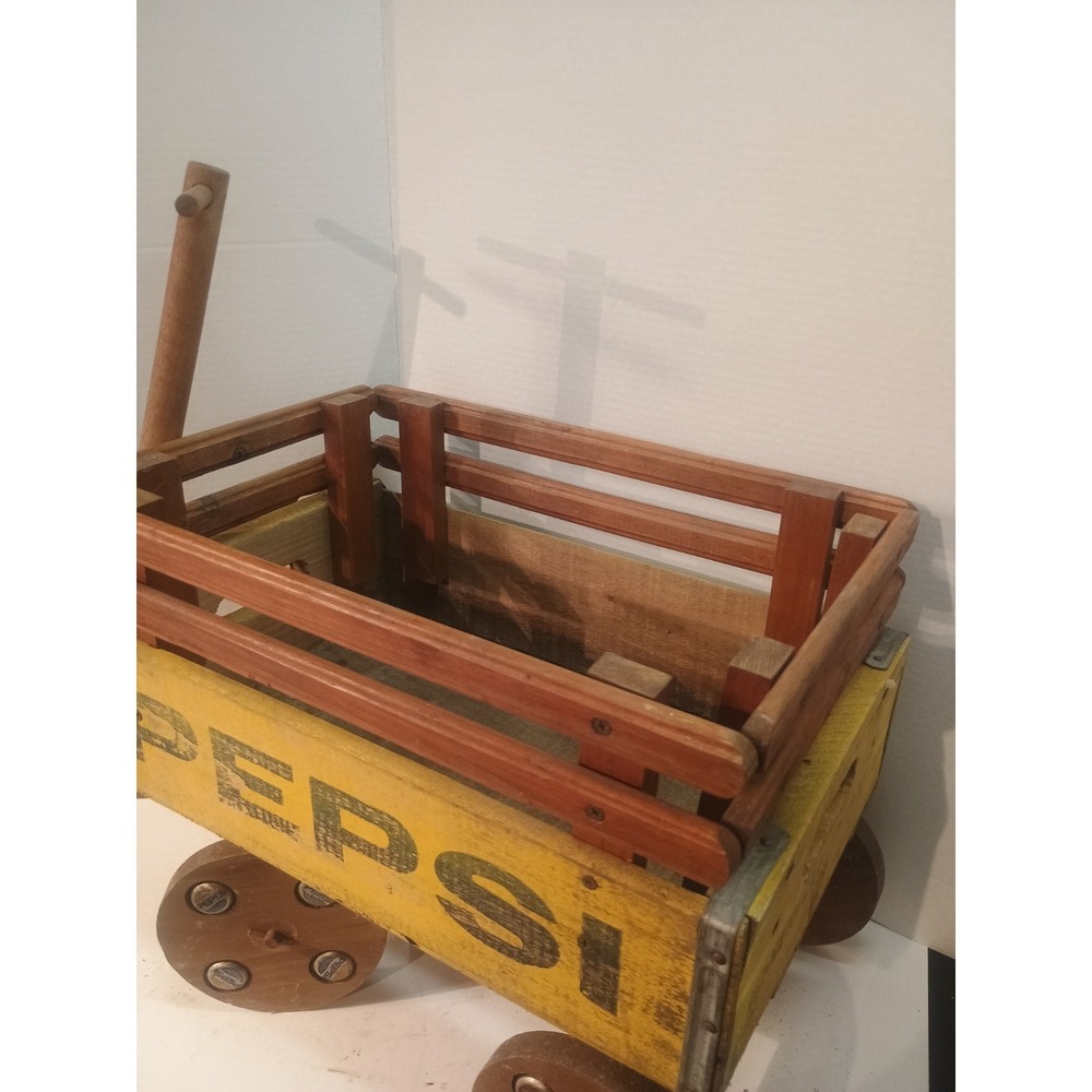 Pepsi Cola Vint. Wooden Crate Box Yellow Blue Bottle Storage Pull Behind Wagon